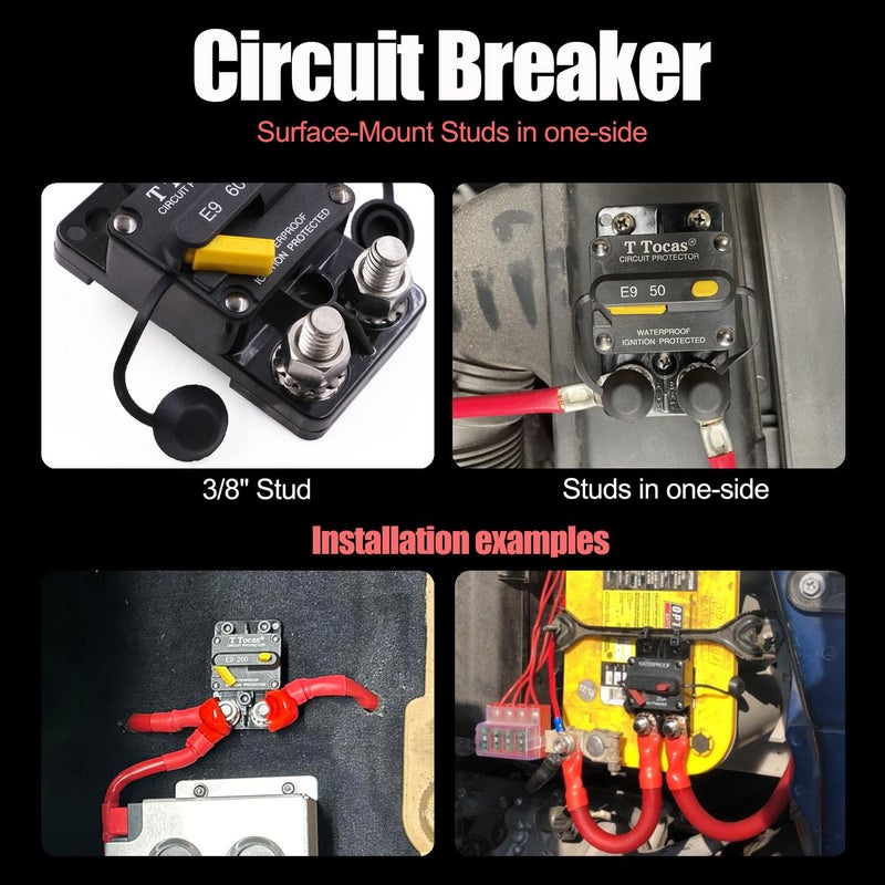 T Tocas E9 3/8" Stud 60 Amp Circuit Breaker, Surface Mount, 12V - 72V DC 60A Waterproof IP67 - Image 2